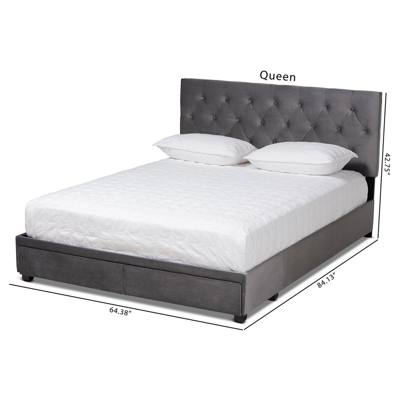 Bowery Hill Modern Velvet Tufted Platform Storage Queen Bed in Gray