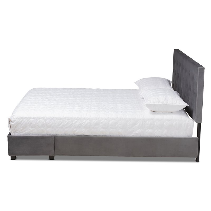 Bowery Hill Modern Velvet Tufted Platform Storage Queen Bed in Gray