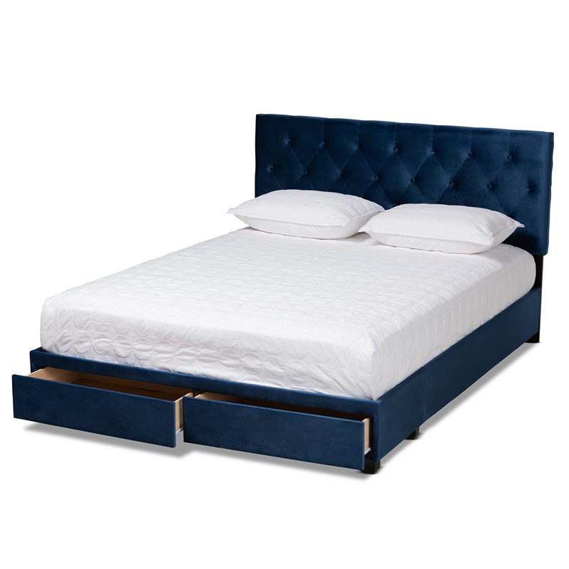 Bowery Hill Modern Velvet Tufted Platform Storage Queen Bed in Blue