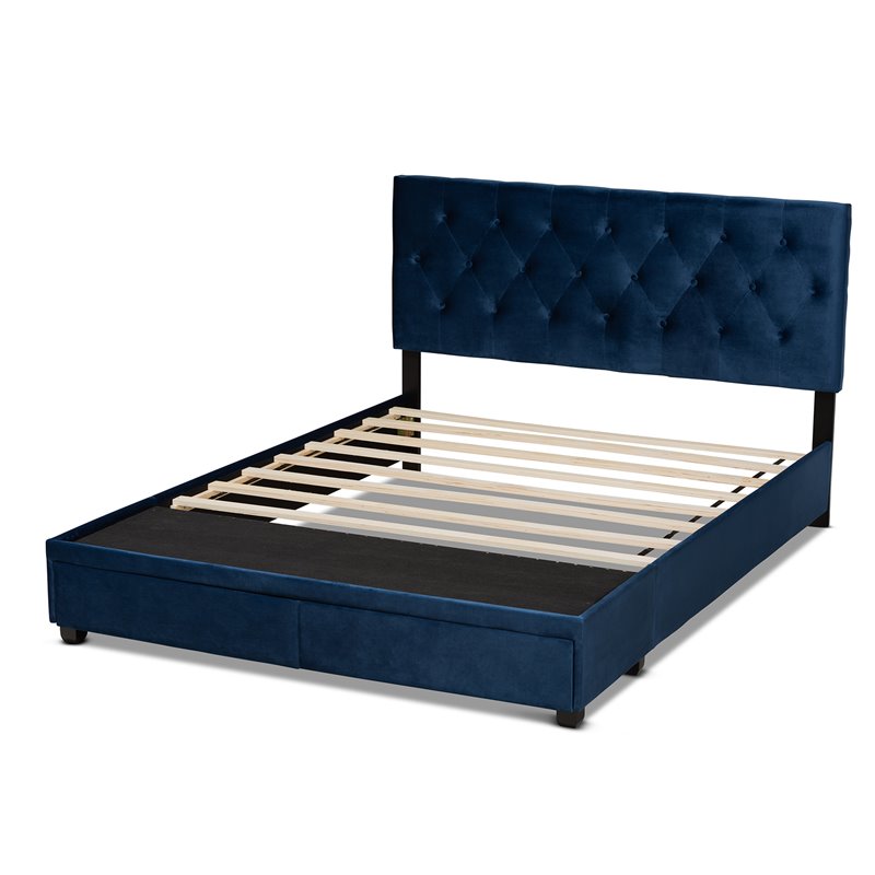 Bowery Hill Modern Velvet Tufted Platform Storage Queen Bed in Blue