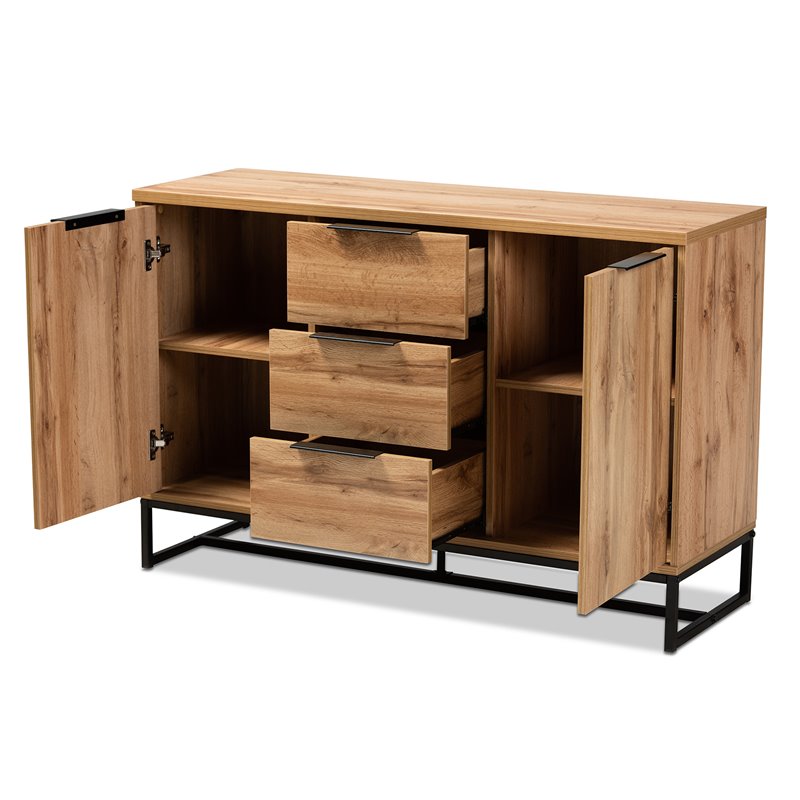 Bowery Hill Oak Finished Wood Black Metal 3-Drawer Sideboard Buffet