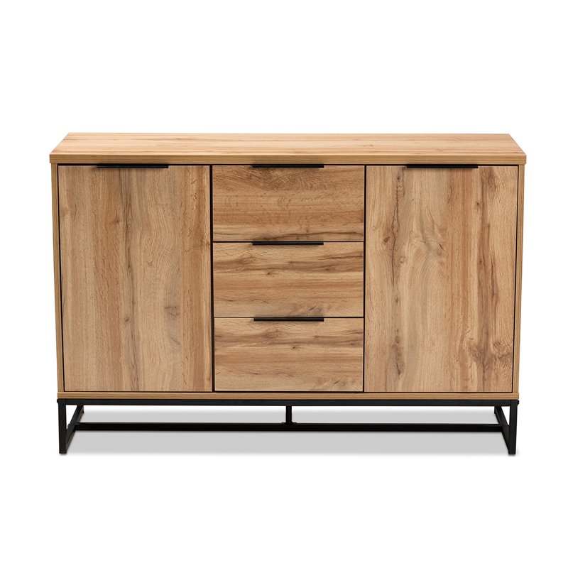 Bowery Hill Oak Finished Wood Black Metal 3-Drawer Sideboard Buffet
