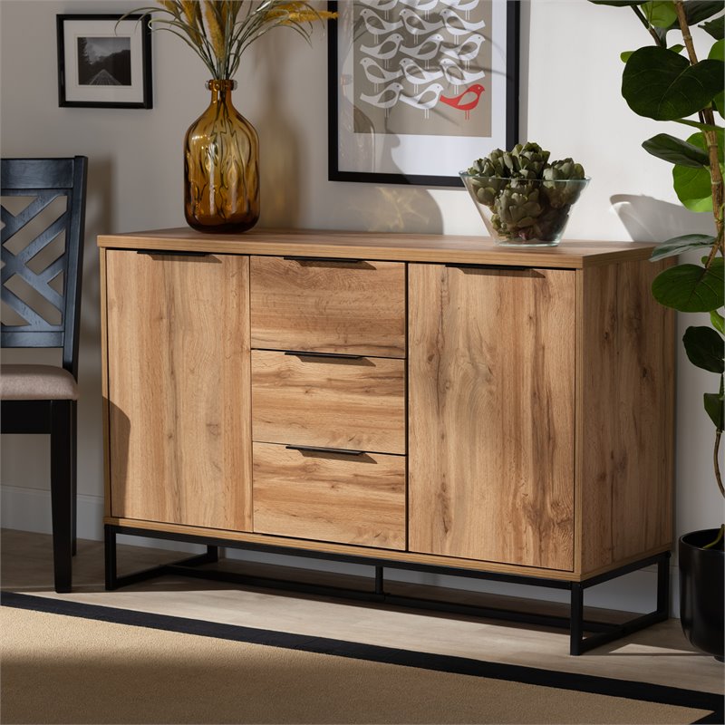 Bowery Hill Oak Finished Wood Black Metal 3-Drawer Sideboard Buffet