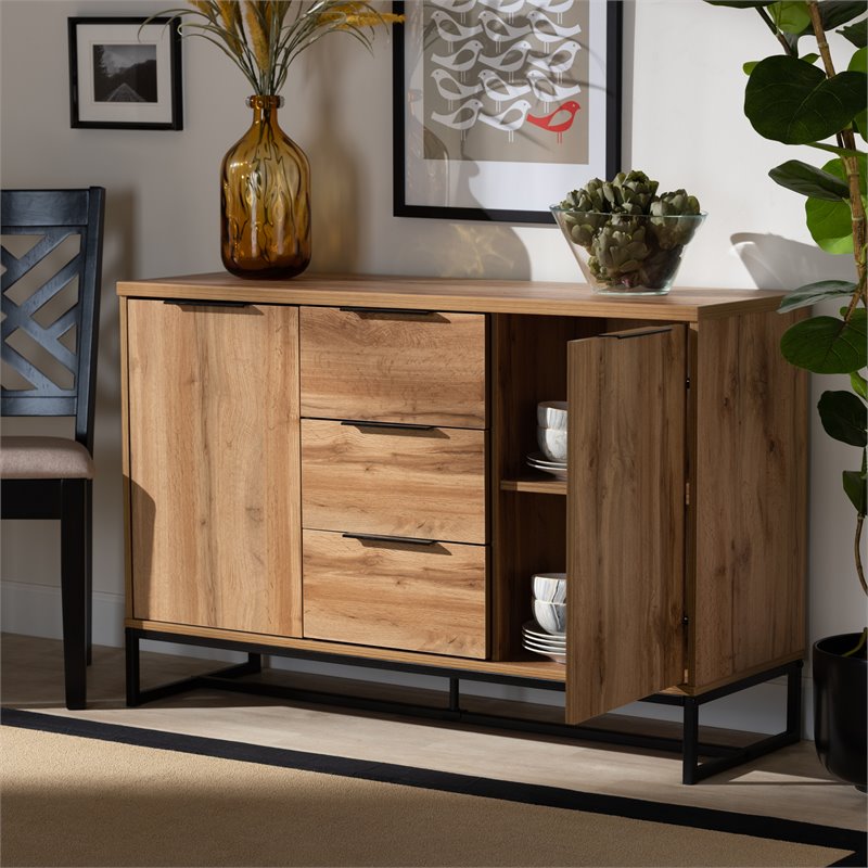 Bowery Hill Oak Finished Wood Black Metal 3-Drawer Sideboard Buffet