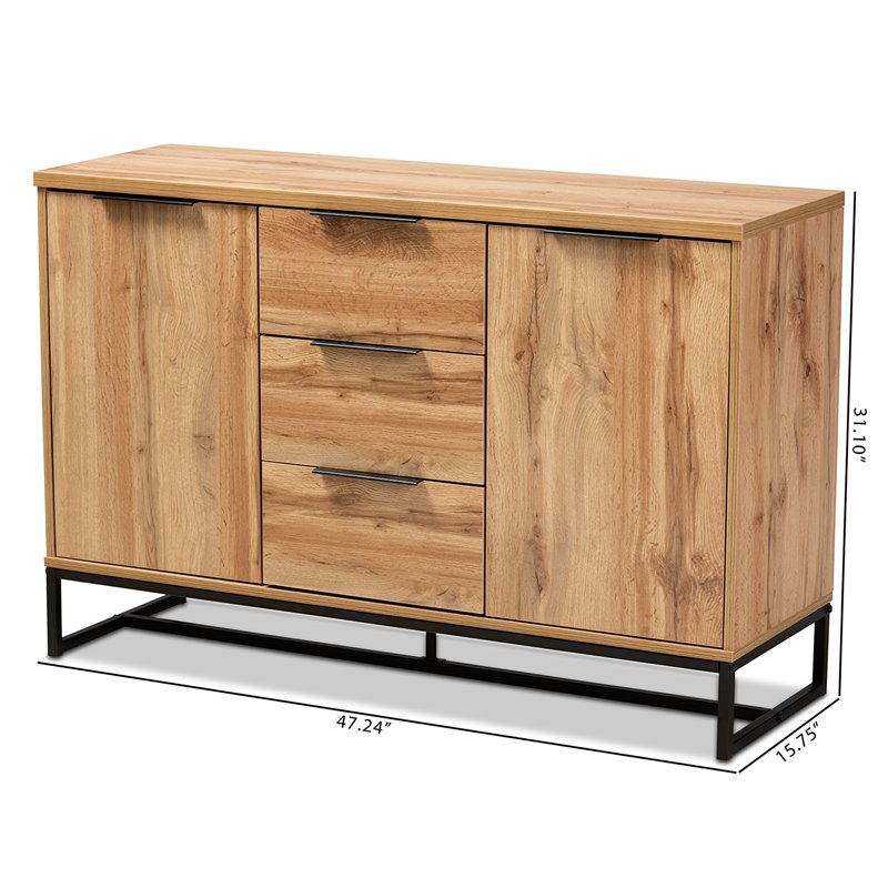 Bowery Hill Oak Finished Wood Black Metal 3-Drawer Sideboard Buffet