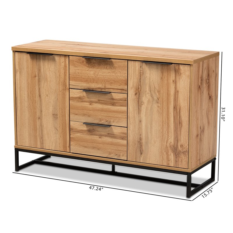 Bowery Hill Oak Finished Wood Black Metal 3-Drawer Sideboard Buffet