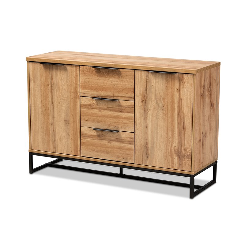 Bowery Hill Oak Finished Wood Black Metal 3-Drawer Sideboard Buffet