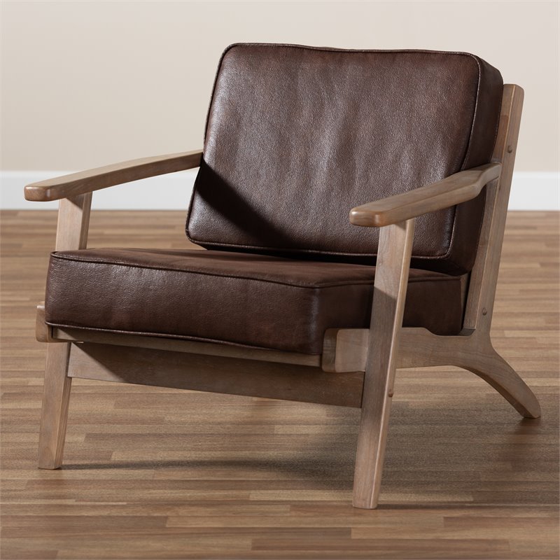 Bowery Hil Dark Brown Faux Leather Antique Oak Finished Wood Armchair