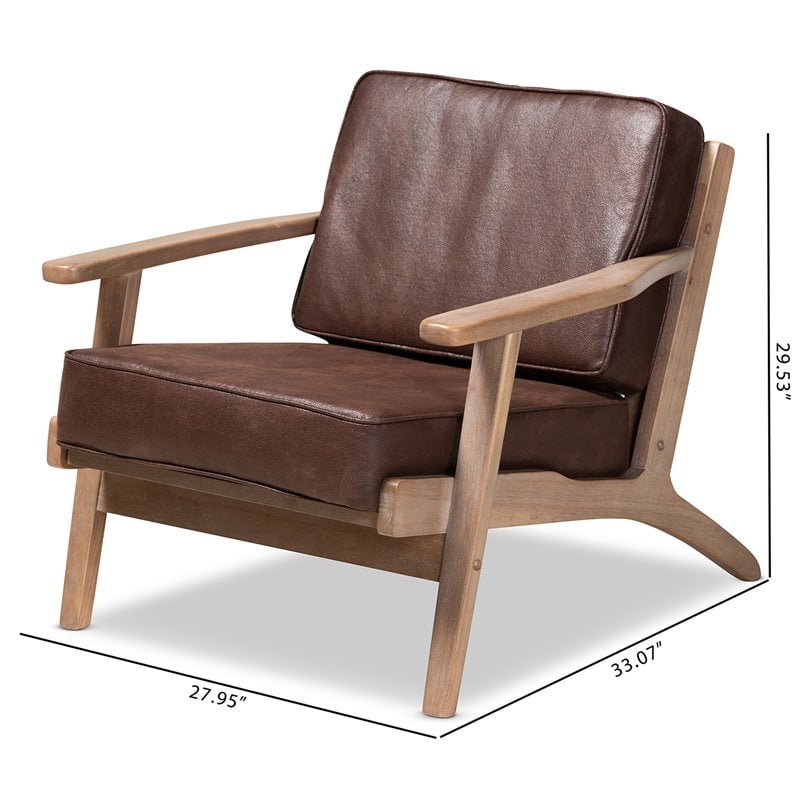 Bowery Hil Dark Brown Faux Leather Antique Oak Finished Wood Armchair