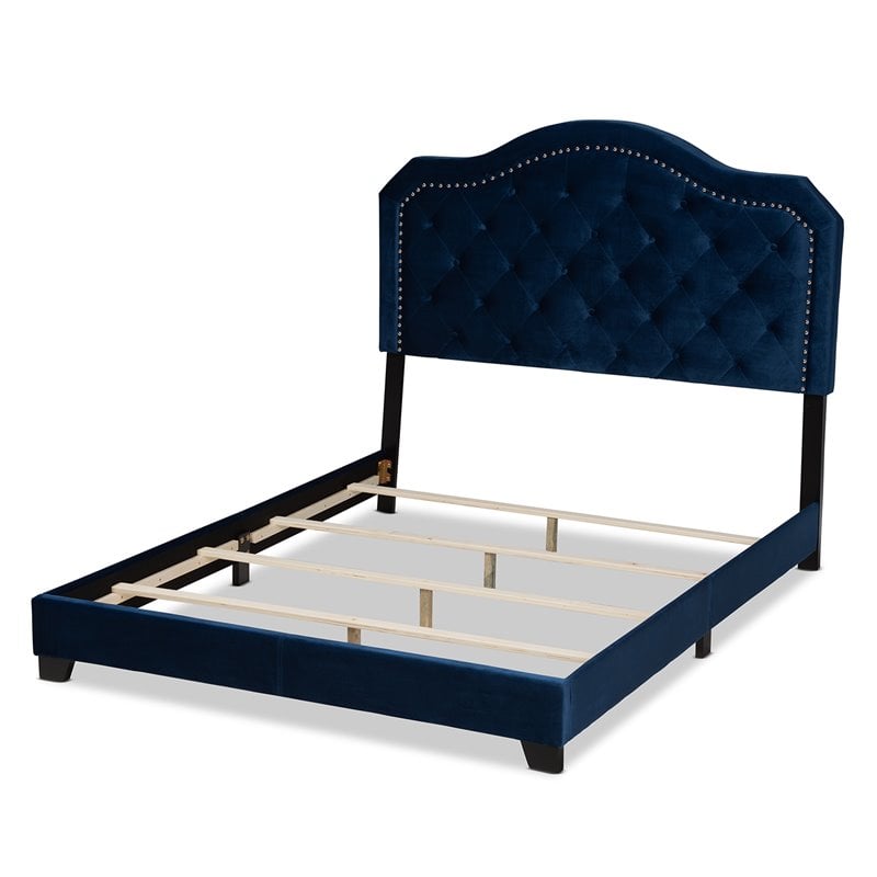 Bowery Hill Queen Size Navy Blue Velvet Upholstered Button Tufted Bed