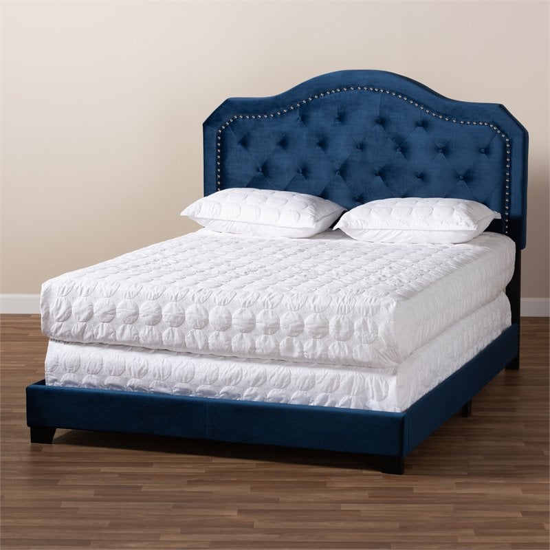 Bowery Hill Queen Size Navy Blue Velvet Upholstered Button Tufted Bed