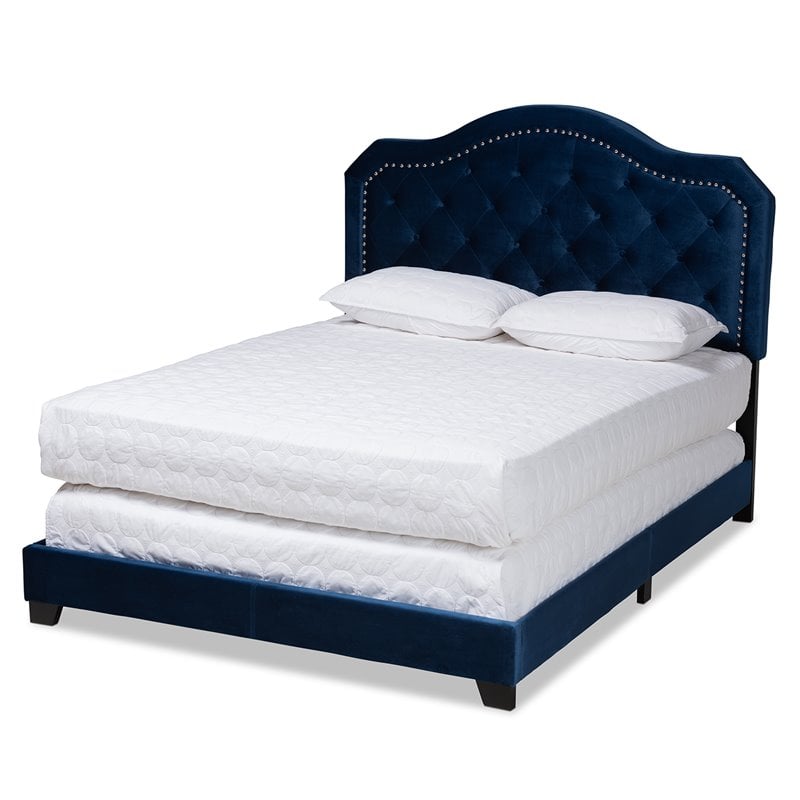 Bowery Hill Queen Size Navy Blue Velvet Upholstered Button Tufted Bed