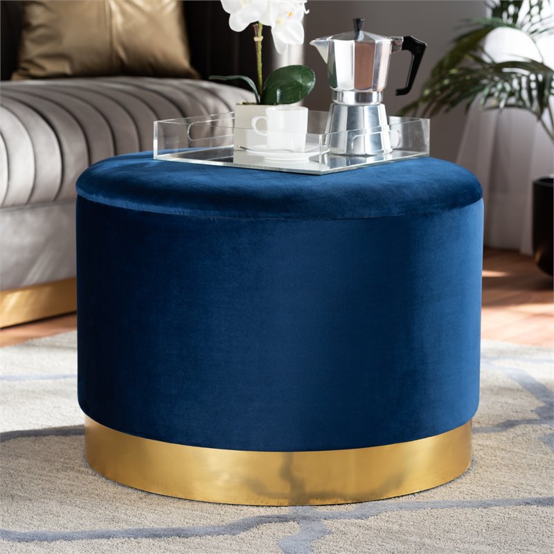 Bowery Hill Velvet Navy Blue Storage Ottoman Gold Finished Fully Assembled 23.62