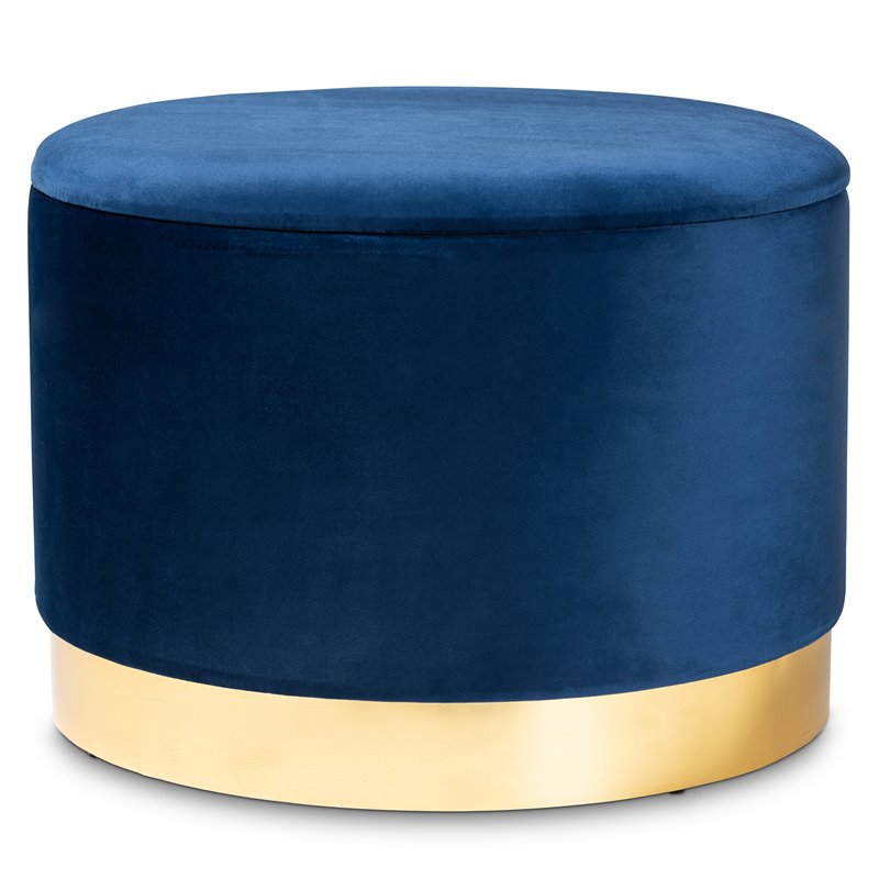 Bowery Hill Velvet Navy Blue Storage Ottoman Gold Finished Fully Assembled 23.62
