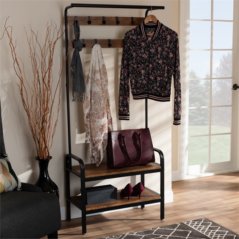 Bowery Hill Distressed Wood and Black Metal Finished Entryway Hall Tree
