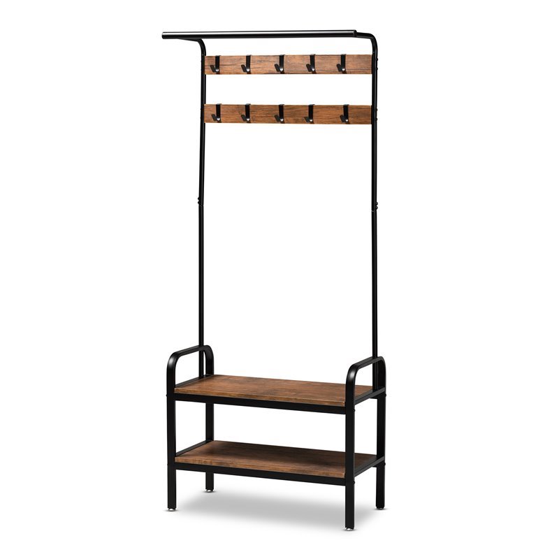 Bowery Hill Distressed Wood and Black Metal Finished Entryway Hall Tree