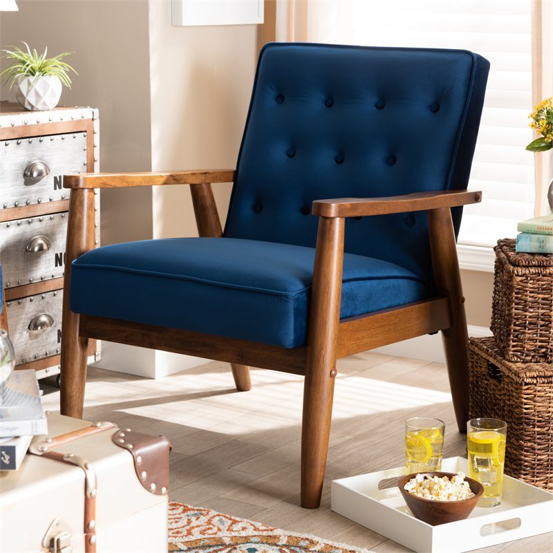 Bowery Hill Navy Blue Velvet Upholstered Wood Lounge Chair