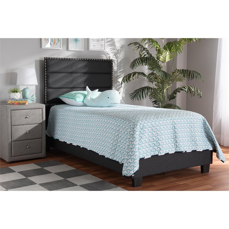 Bowery Hill Modern Fabric Upholstered Nail Head Trim Twin Size Bed in Dark Gray