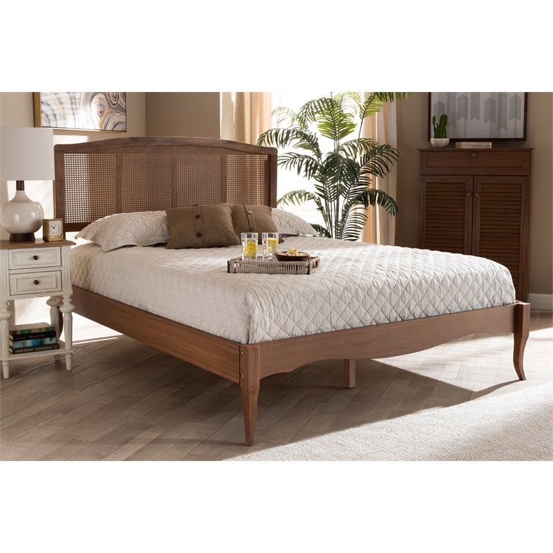 Bowery Hill Traditional Rattan/Wood Queen Size Platform Bed in Ash Brown