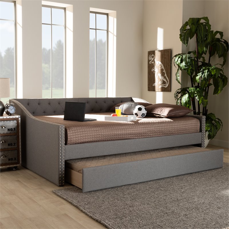 Bowery Hill Queen Size Light Grey Upholstered Daybed with Trundle