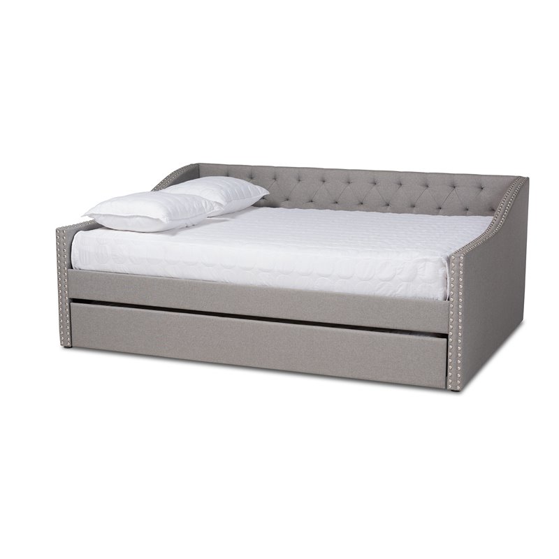 Bowery Hill Queen Size Light Grey Upholstered Daybed with Trundle