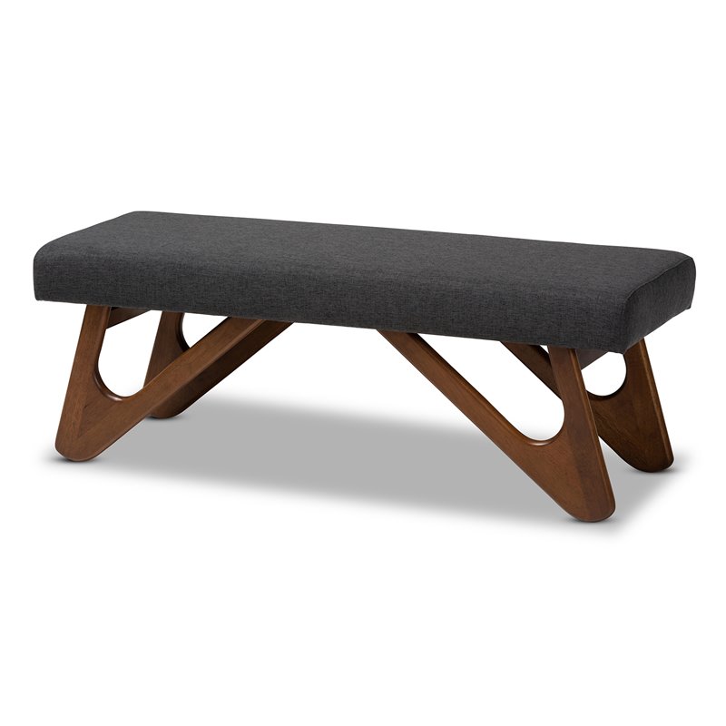 Bowery Hill Dark Grey Upholstered Walnut Brown Boomerang Bench