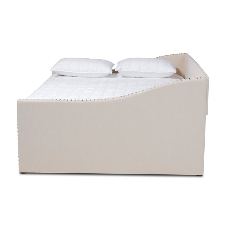 Bowery Hill Modern Fabric Queen Size Daybed with Silver Nail head Trim in Beige