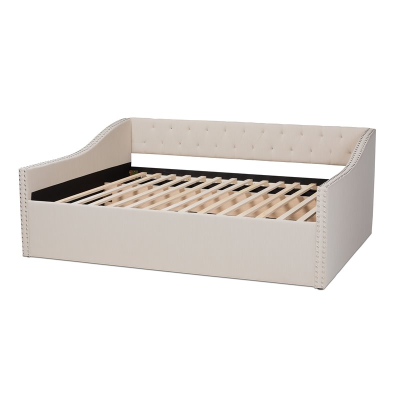 Bowery Hill Modern Fabric Queen Size Daybed with Silver Nail head Trim in Beige