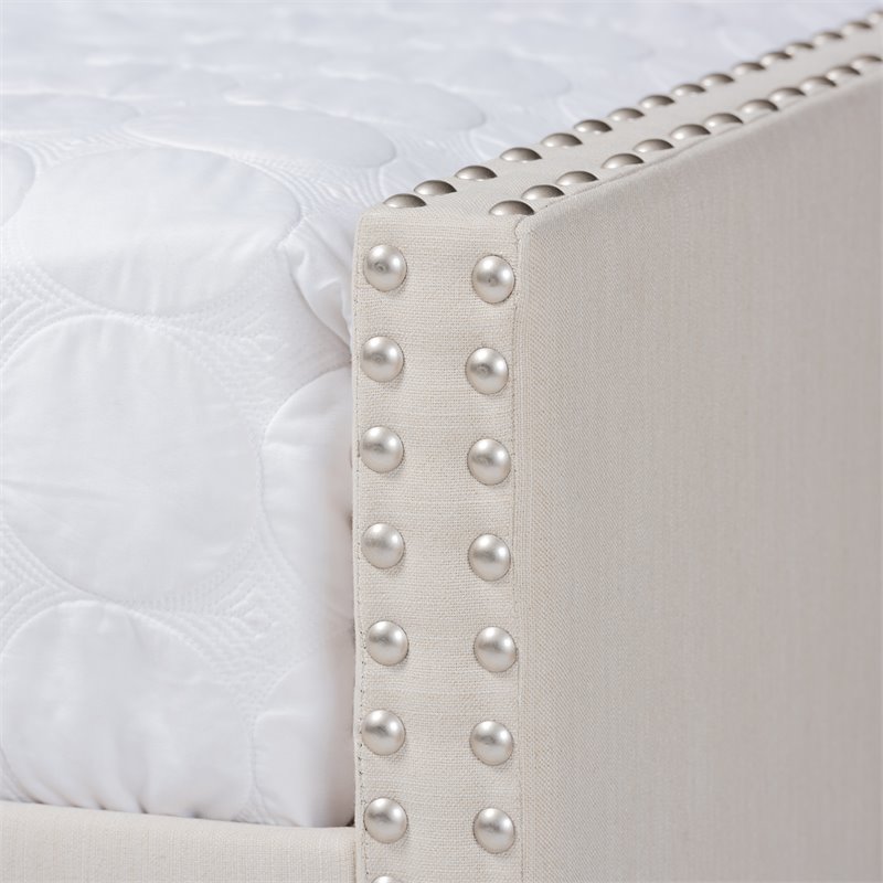 Bowery Hill Modern Fabric Queen Size Daybed with Silver Nail head Trim in Beige