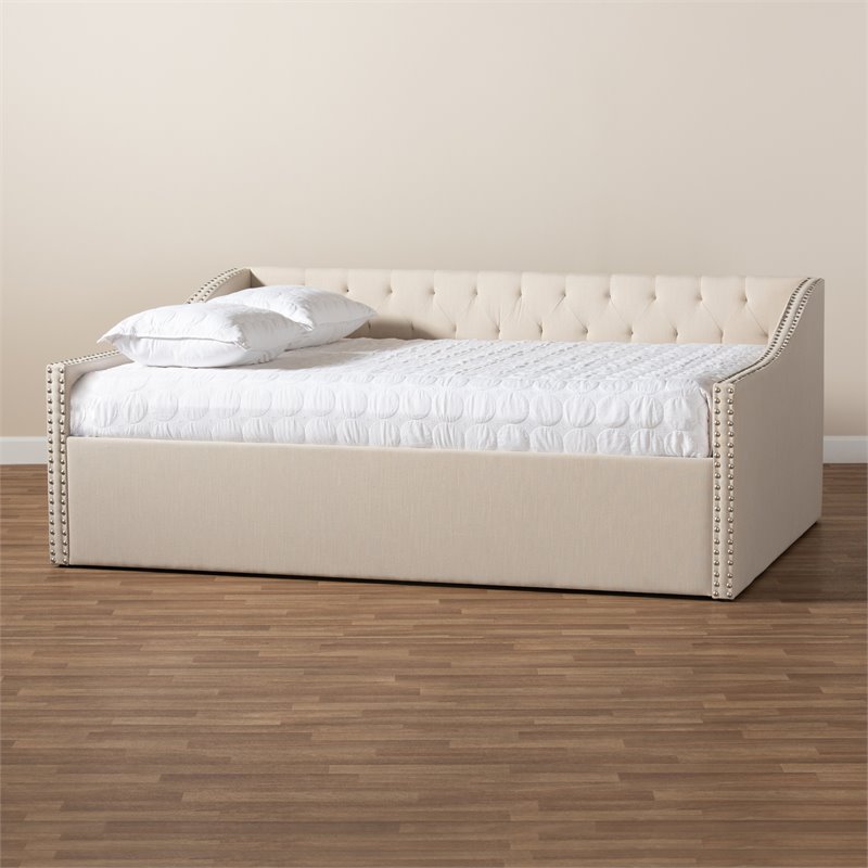 Bowery Hill Modern Fabric Queen Size Daybed with Silver Nail head Trim in Beige