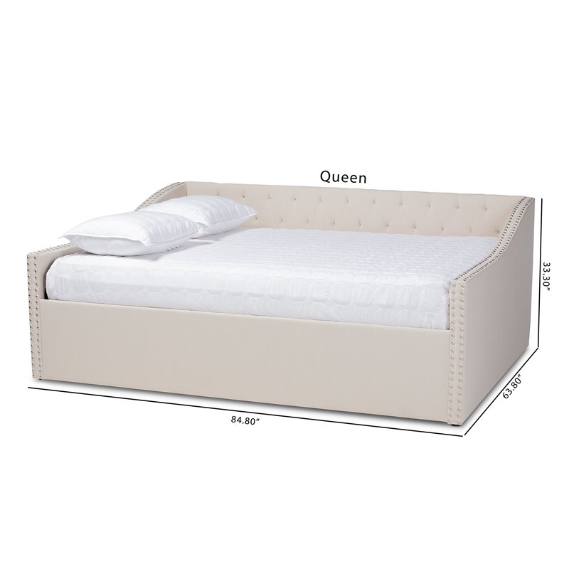 Bowery Hill Modern Fabric Queen Size Daybed with Silver Nail head Trim in Beige