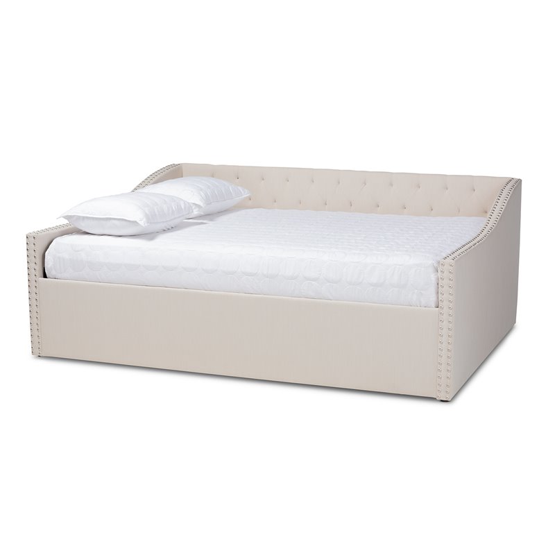 Bowery Hill Modern Fabric Queen Size Daybed with Silver Nail head Trim in Beige