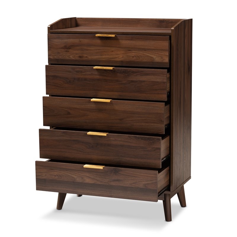 Bowery Hill Mid-Century 5-Drawer Engineered Wood Chest in Walnut Brown