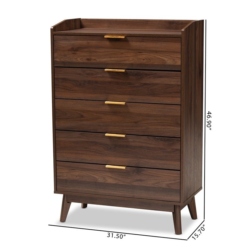 Bowery Hill Mid-Century 5-Drawer Engineered Wood Chest in Walnut Brown