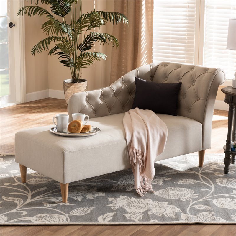 Bowery Hill Beige Upholstered Oak Finished Chaise Lounge