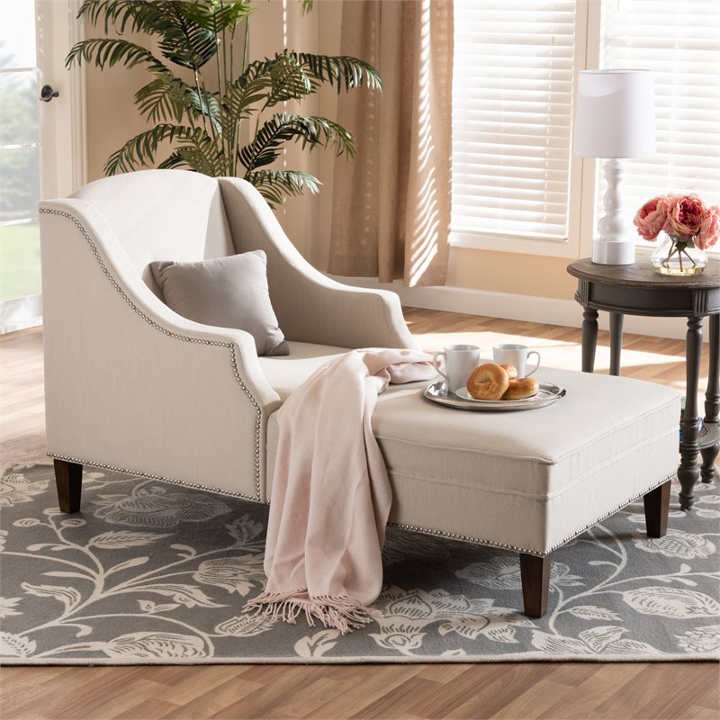 Bowery Hill Upholstered Beige Chaise Lounge Scroll Back 51.5