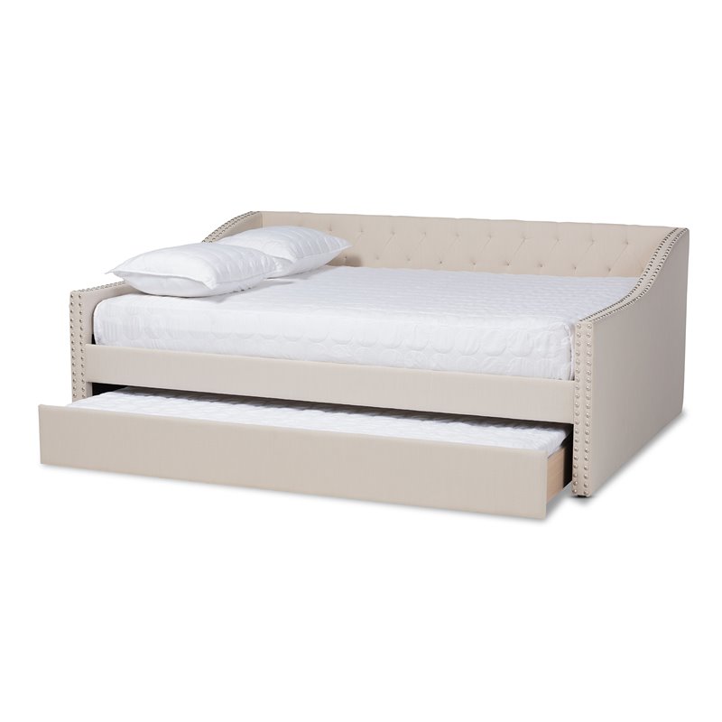 Bowery Hill Modern Fabric Upholstered Queen-Size Daybed with Trundle in Beige