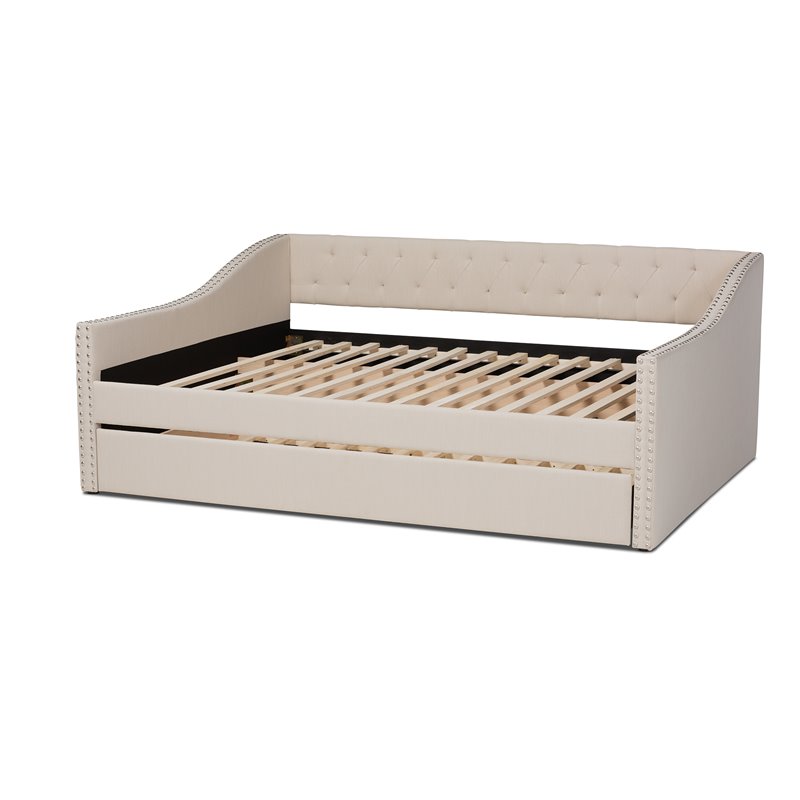 Bowery Hill Modern Fabric Upholstered Queen-Size Daybed with Trundle in Beige
