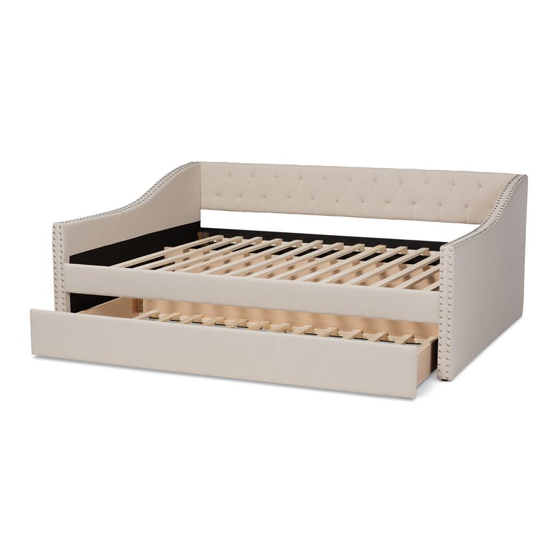 Bowery Hill Modern Fabric Upholstered Queen-Size Daybed with Trundle in Beige
