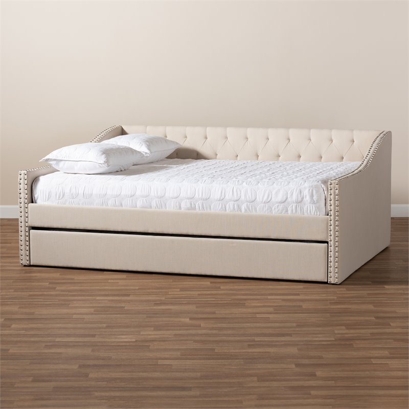 Bowery Hill Modern Fabric Upholstered Queen-Size Daybed with Trundle in Beige