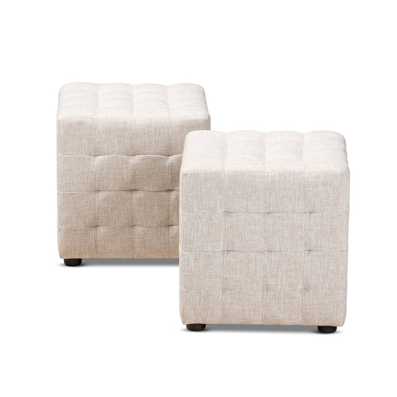 Bowery Hill Upholstered Wood Cube Ottoman in Beige - Set of 2