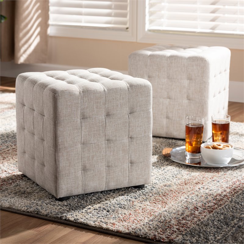 Bowery Hill Upholstered Wood Cube Ottoman in Beige - Set of 2