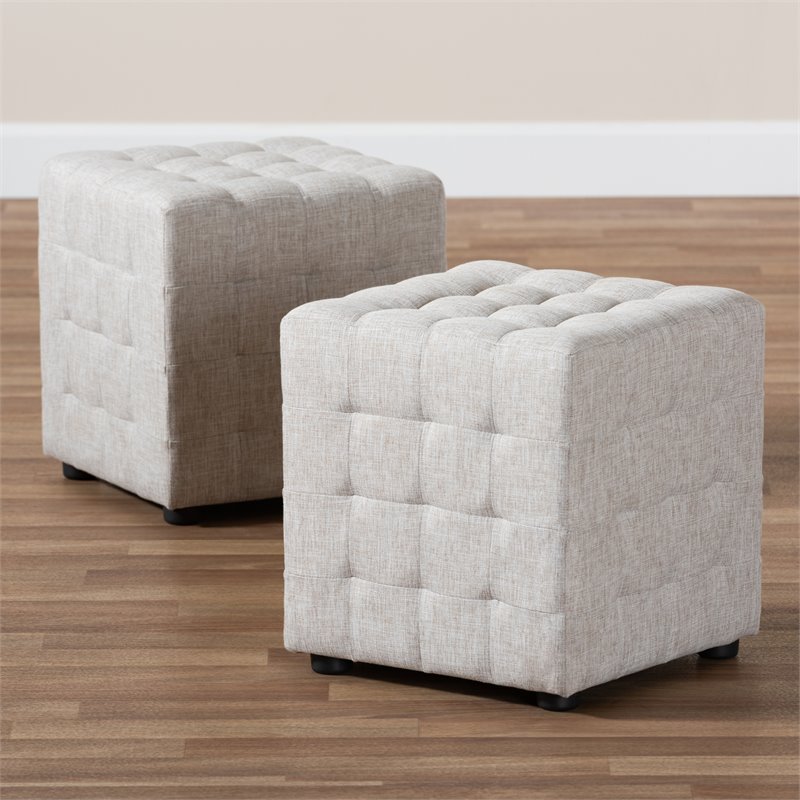 Bowery Hill Upholstered Wood Cube Ottoman in Beige - Set of 2