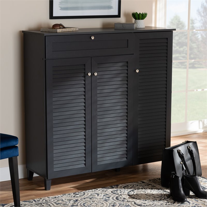 Bowery Hill Contemporary Wood 11-Shelf and Drawer Shoe Cabinet in Dark Gray