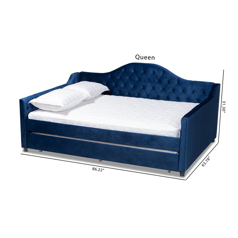 Bowery Hill Velvet Blue Daybed Rectangular Pull-Out Trundle Button Tufted