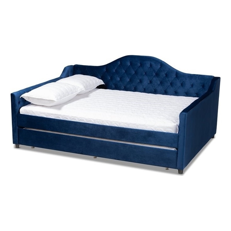 Bowery Hill Velvet Blue Daybed Rectangular Pull-Out Trundle Button Tufted