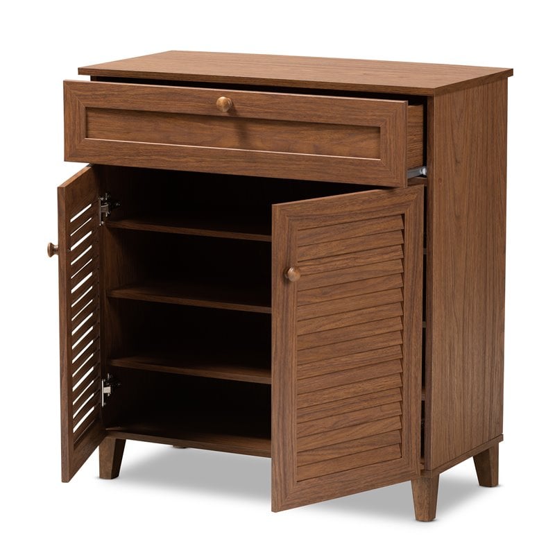Bowery Hill Engineered Wood Walnut Brown Shoe Cabinet Rectangular 4-Shelf Unassembled