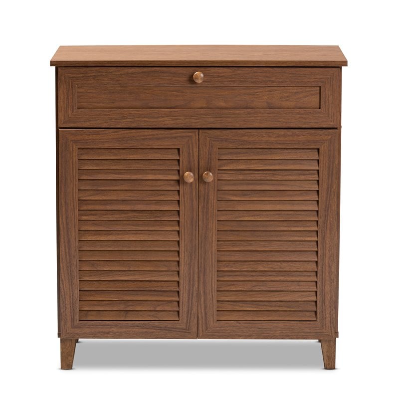 Bowery Hill Engineered Wood Walnut Brown Shoe Cabinet Rectangular 4-Shelf Unassembled