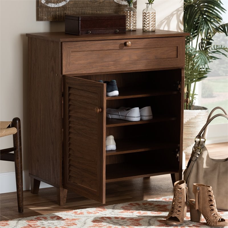 Bowery Hill Engineered Wood Walnut Brown Shoe Cabinet Rectangular 4-Shelf Unassembled
