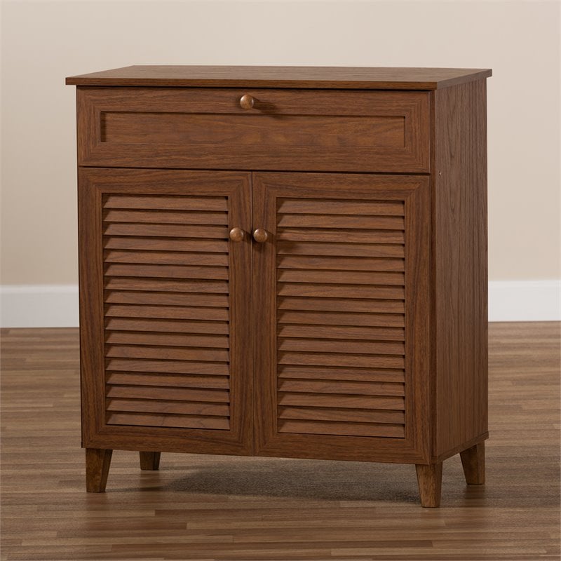 Bowery Hill Engineered Wood Walnut Brown Shoe Cabinet Rectangular 4-Shelf Unassembled